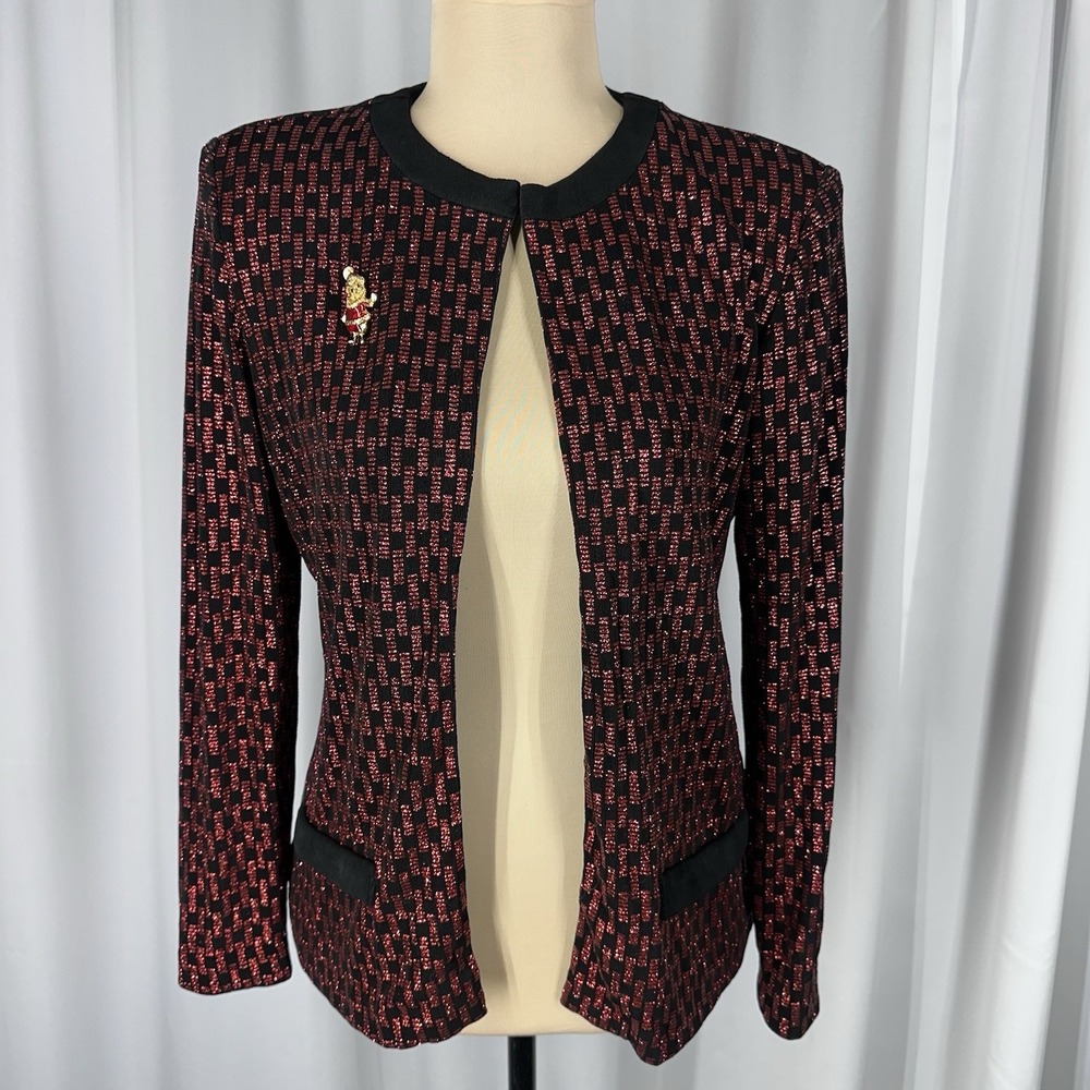 Xscape by Joanna Chen Red Sparkly Evening Jacket & Santa Pin Sz S? Party Holiday